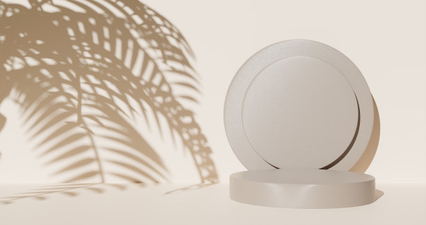 用于产品演示的基座平台，模糊的棕榈叶剪影。三维渲染图片下载