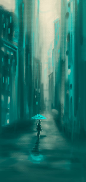 小女孩撑着伞走在下雨的城市道路上。数字彩绘插画背景图片下载