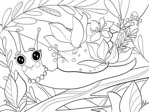 轮廓线插图卡通幼稚风格可爱的动物蜗牛在森林植物木兰设计元素着色或明信片媒体和印刷封面图片下载