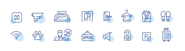 酒店图标集。闭路电视，允许宠物，请勿打扰，行李，WiFi，电梯等。像素完美，可编辑的笔触图片下载