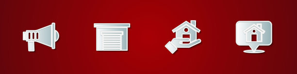 设置扩音器，车库，房地产经纪人和位置与房子图标。向量图片下载