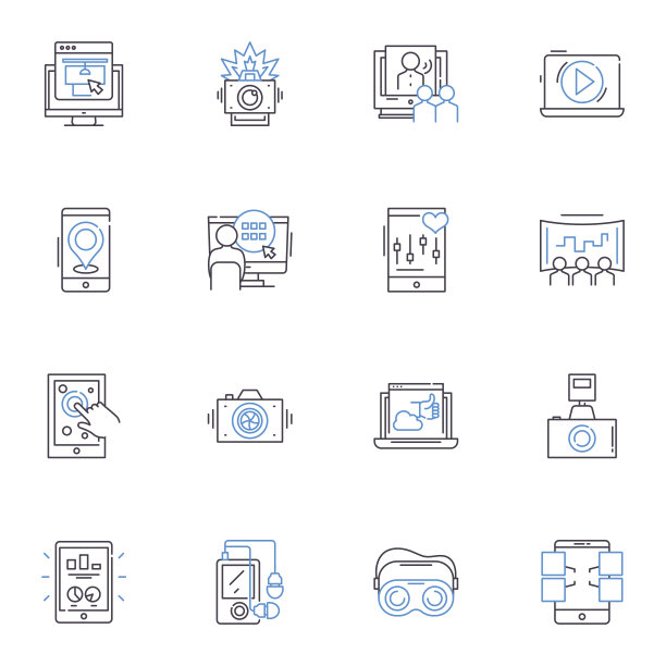 独立电影线图标收集。独立，真实，创意，多样性，授权，实验，自由矢量和线性插图。坚韧不拔，创新，低预算的轮廓标志设置图片下载
