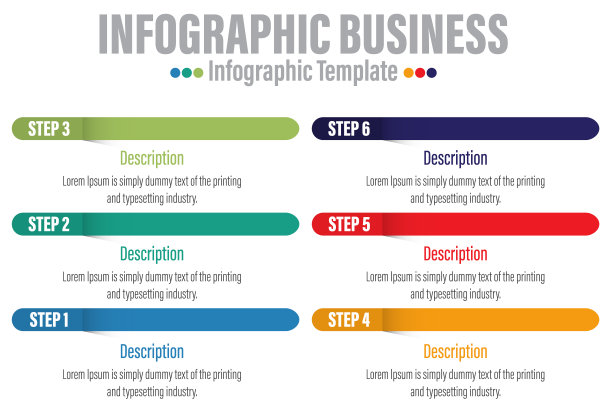 商业信息图表和信息图表时间表6个步骤，6个选项栏现代设计矢量模板。向量illustration.colorful图片下载