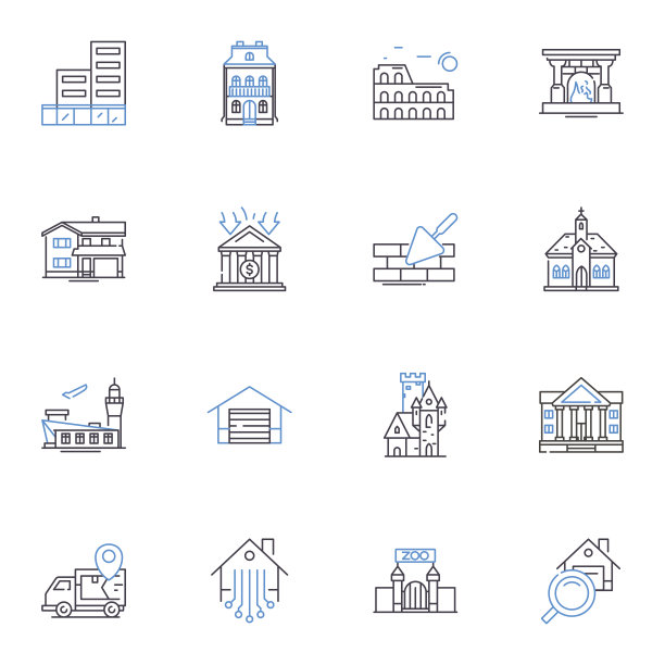 房地产市场线条图标收集。物业，抵押贷款，房屋所有权，库存，上市，股权，再融资矢量和线性插图。贷款、估价、楼市泡沫设定轮廓标志图片下载