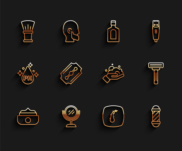 设置线凝胶或蜡头发造型，手镜，剃须刷，人类毛囊，经典理发店杆，刀片剃须刀，和泡沫在手图标。向量图片下载