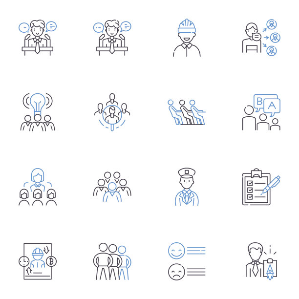 家庭办公线路图标收集。桌子，椅子，电脑，显示器，打印机，鼠标，键盘矢量和线性插图。灯具，文件，存储轮廓标志集图片下载