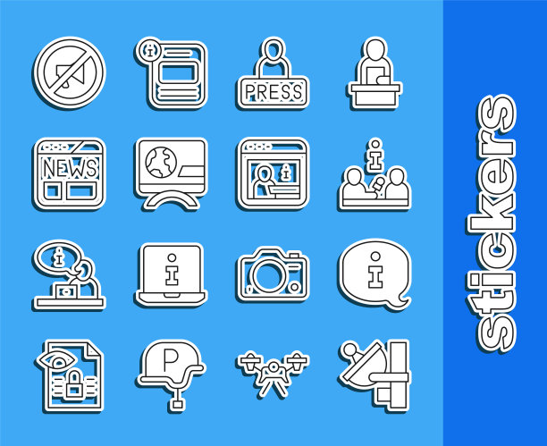 设置线雷达，信息，采访，记者新闻，突发，新闻，审查邮票和图标。向量图片下载