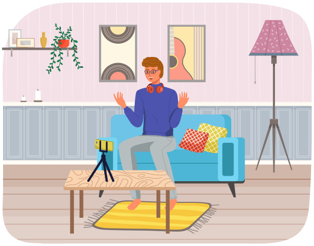 手机放在三脚架上。人们广播，视频博客录制，智能手机流媒体。在线直播图片下载