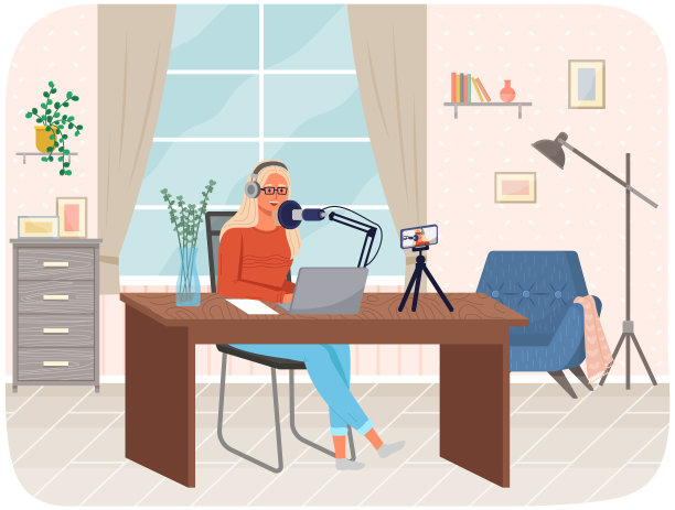 手机放在三脚架上。人们广播，视频博客录制，智能手机流媒体。在线直播图片下载