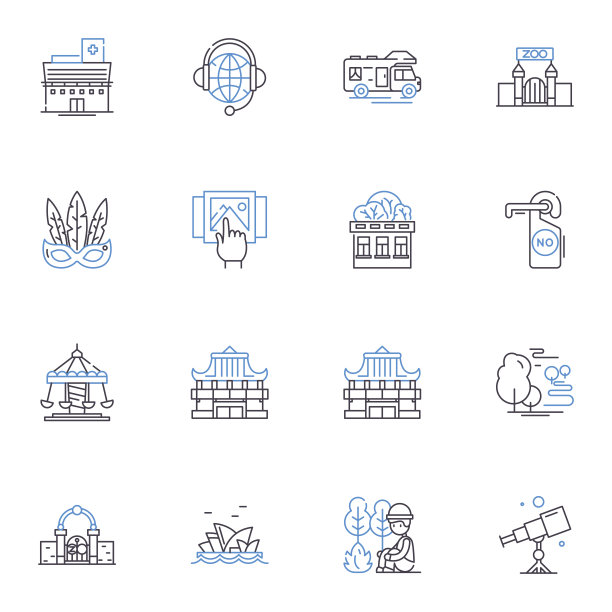 户外专业线条图标集合。露营，远足，钓鱼，生存，登山，皮划艇，背包矢量和线性插图。登山、狩猎、开拓轮廓标志设置图片下载