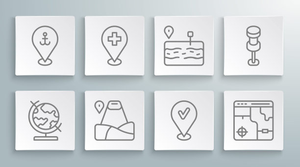 设置线地球，医疗位置与十字，位置山，检查标记，信息图的城市地图，破碎的道路，推销和锚图标。向量图片下载