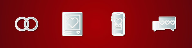 集结婚戒指，相框和心，移动与喜欢的图标。向量图片下载