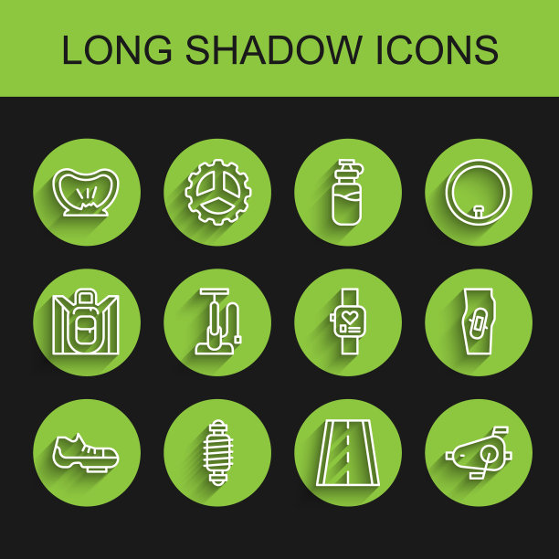 集线自行车鞋，悬架，穿孔轮胎，车道，踏板，气泵，石膏腿和智能手表图标。向量图片下载