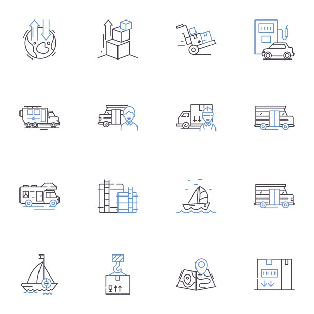 移动线图标集合。搬迁，包装，装载，拆包，移动卡车，运输，移动矢量和线性插图。盒子，组织，存储轮廓标志集图片下载