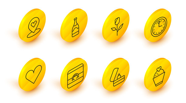 集线婚礼蛋糕与心脏，戒指，心脏，时钟，花玫瑰，香槟瓶和位置图标。向量图片下载