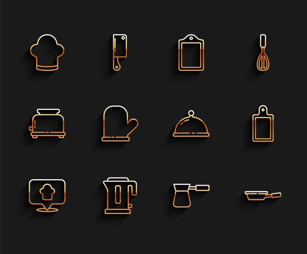 设置线厨师帽与位置，电水壶，咖啡土耳其，煎锅，烤箱手套，砧板和覆盖托盘食品图标。向量图片下载