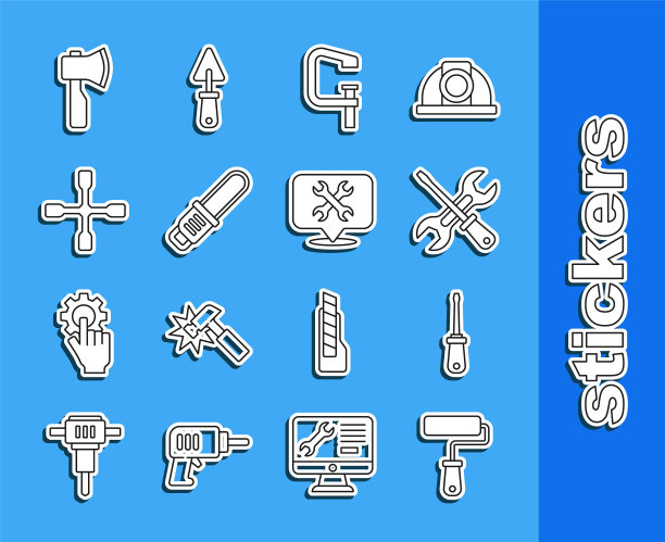 设置线油漆辊刷，螺丝刀，扳手，钳螺丝工具，电锯，轮子，木斧和位置与图标。向量图片下载