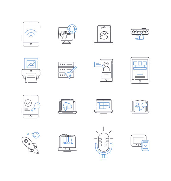 gadget和contrtions线图标集合。创新，技术，未来，机器人，自动化，智能，虚拟矢量和线性插图。增强，无线，可穿戴设备轮廓标志设置图片下载