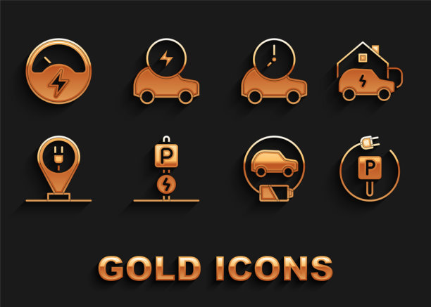 设置充电停车电动汽车，在家里，电气，电压表和图标。向量图片下载