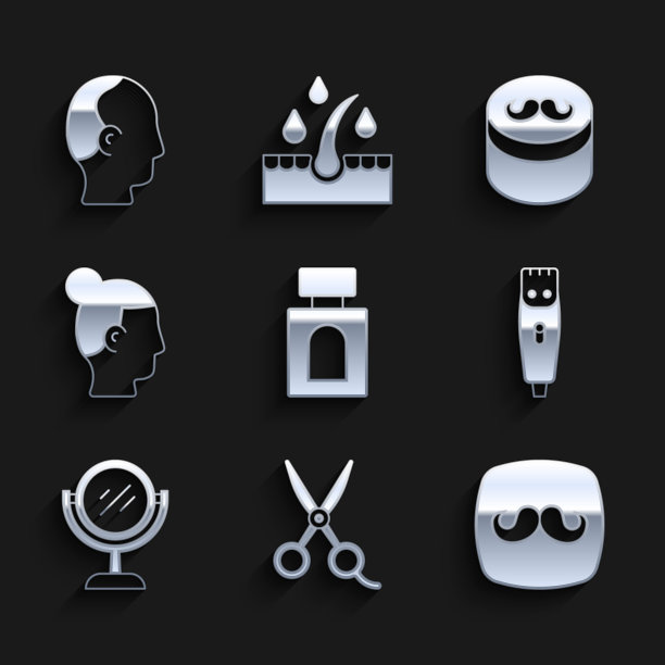 集须后水，剪刀理发师，理发店，理发器，手镜，发型为男子，凝胶蜡造型和秃顶图标。向量图片下载