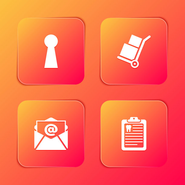 设置钥匙孔，手推车和盒子，邮件，电子邮件和剪贴板与牙科卡图标。向量图片下载