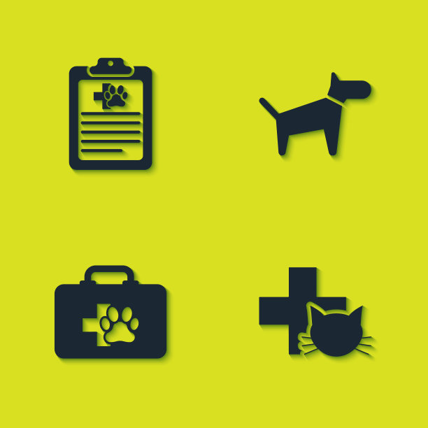 设置临床记录宠物，兽医诊所，宠物急救箱和狗图标。向量图片下载