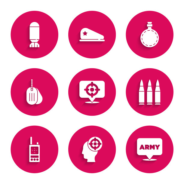 设定目标运动，军队，子弹，对讲机，狗牌，水壶和航空炸弹图标。向量图片下载