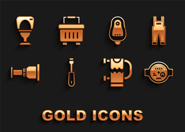 设置螺丝刀，工作工作服，水表，加热毛巾架，管道适配器，厕所小便器，碗和工具箱图标。向量图片下载