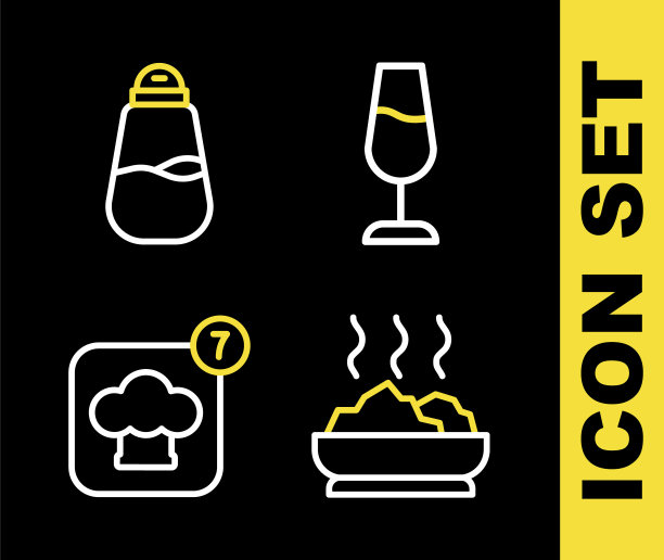 设置线酒杯，碗热汤，厨师帽和盐图标。向量图片下载