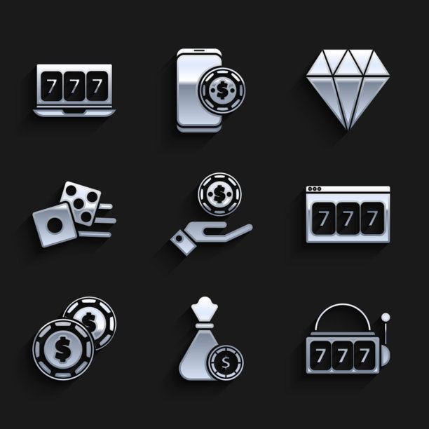 集手持赌场筹码，钱袋，老虎机与幸运七累积奖金，在线老虎机，赌场美元，游戏骰子，钻石和图标。向量图片下载