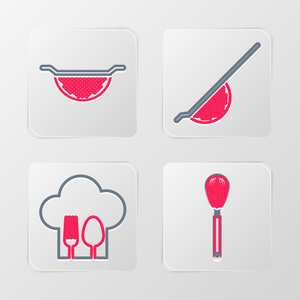 设置厨房搅拌器，厨师帽，叉子和勺子，漏勺和图标。向量图片下载