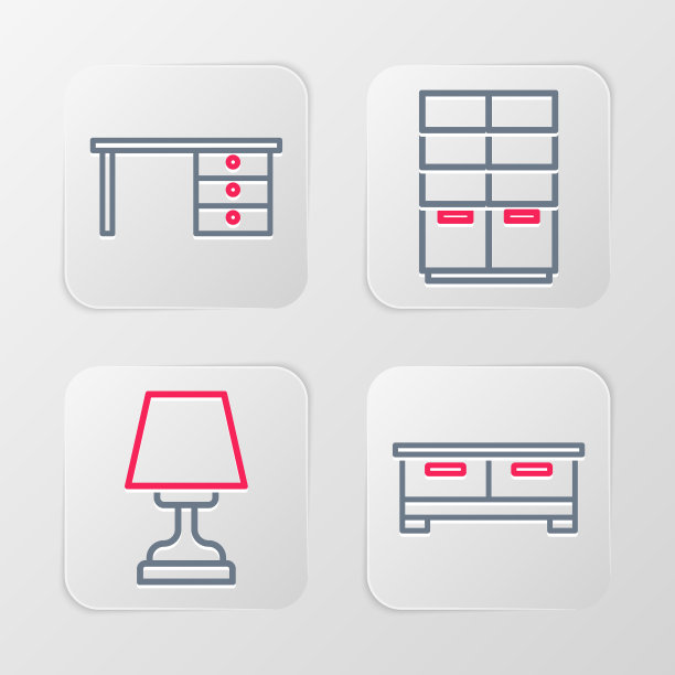 集线抽屉柜，台灯，衣柜和办公桌图标。向量图片下载