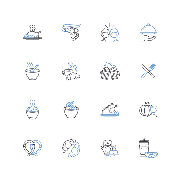 用餐联合线图标集合。氛围，舒适，美味，不拘一格，精致，美味，新鲜的矢量和线性插图。友好，美食，家常的轮廓标志设置图片下载