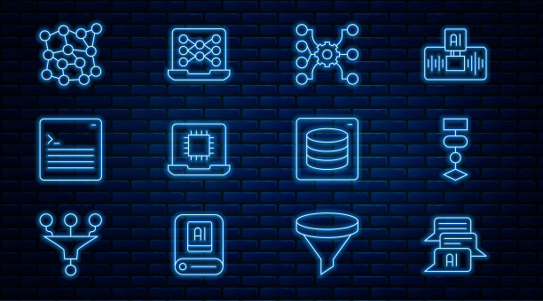 集线聊天机器人，算法，神经网络，处理器CPU, Web开发人员编程代码，服务器，数据和图标。向量图片下载