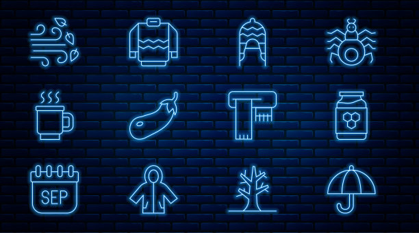 集线伞，蜂蜜罐，冬天的帽子，茄子，杯茶，刮风的天气，围巾和毛衣图标。向量图片下载