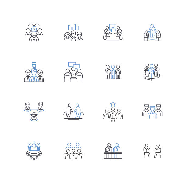 设计团队线条图标集合。协作，创意，创新，多方面，进取，大胆，足智多谋的矢量和线性插图。富有想象力，鼓舞人心，适应性强的轮廓标志集图片下载