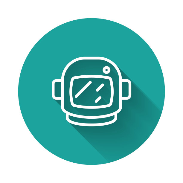 白线宇航员头盔图标与长阴影背景隔离。绿色圆形按钮。向量图片下载