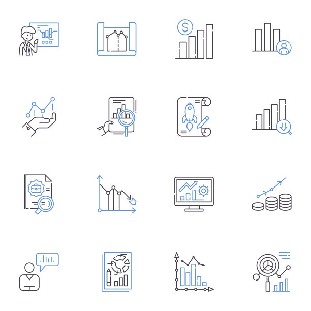 描述性统计线图标收集。变量，测量，直方图，频率，色散，范围，模式矢量和线性插图。中位数，平均值，标准差轮廓符号设置图片下载