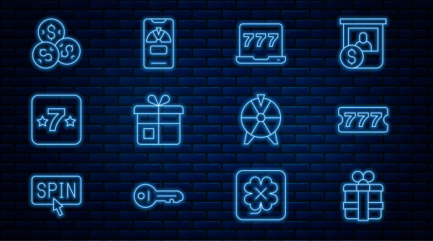 设线礼盒，彩票，笔记本电脑和老虎机，赌场，芯片与美元，幸运轮和电话图标。向量图片下载