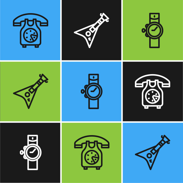 设置线电话听筒，手表和电子低音吉他图标。向量图片下载