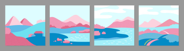 春天风景田野樱花樱花山集风景设计粉红花草甸矢量图片下载