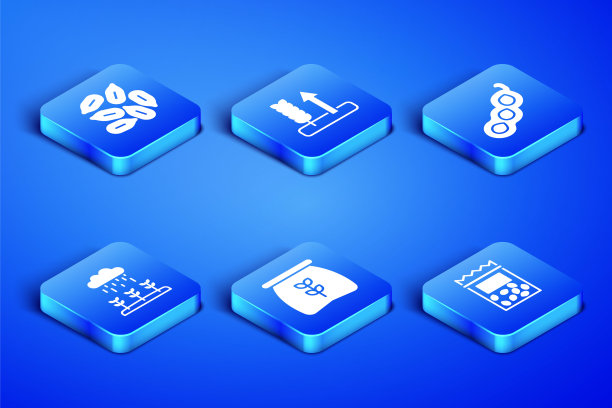 集包充满种子的植物，种子，袋面粉，植物发芽生长在雨中，小麦和绿色豌豆的图标。向量图片下载