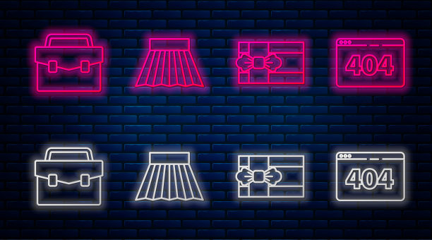 设置线裙，礼盒，公文包和页面404错误。砖墙上发光的霓虹灯图标。向量图片下载