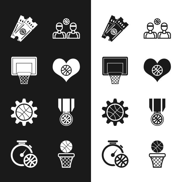 设置心脏与篮球，篮球篮板，比赛门票，球员，规划战略概念，奖牌，和秒表图标。向量图片下载