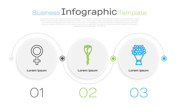设线女性性别象征，花玫瑰和花束。业务信息图表模板。向量图片下载