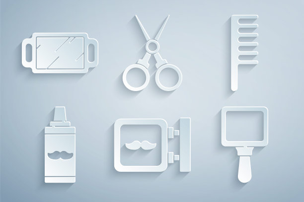 集理发店，发刷，剃须啫喱泡沫，手镜，剪刀理发师和图标。向量图片下载