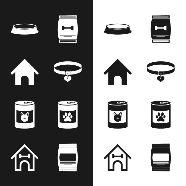 集项圈和心脏，狗的房子，宠物食品碗，袋的宠物，罐头狗和图标。向量图片下载