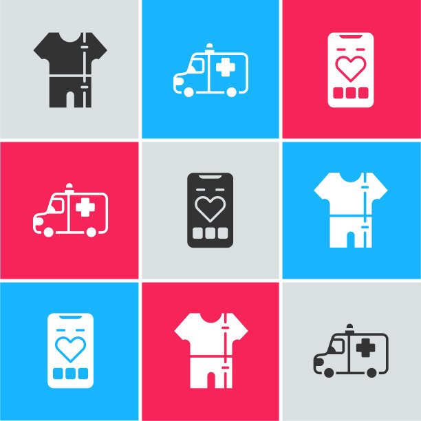 设置运动田径服，救护车和急救车和手机与心率图标。向量图片下载