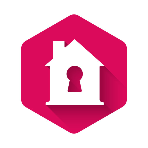 在白宫的保护下，图标被隔离在长长的阴影中。家和盾。保护、安全、保障、保护、防御的理念。粉红色六边形按钮。向量图片下载