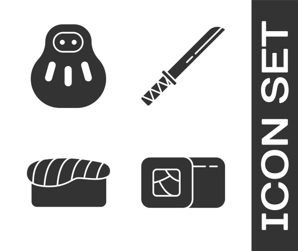 集寿司，千木neko猫，寿司和传统日本武士刀图标。向量图片下载